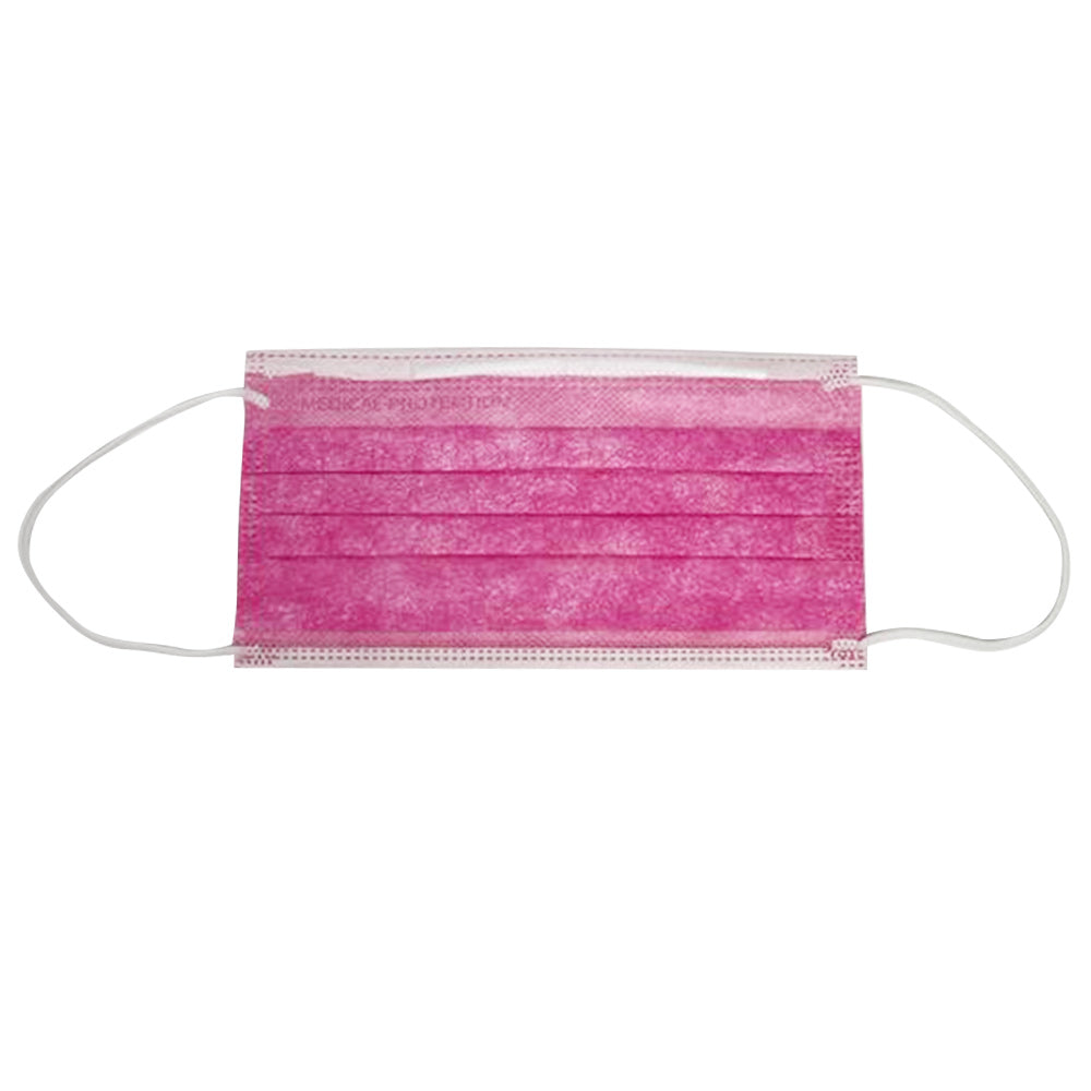 3-lagiger Mundschutz, pink, flach mit Ohrschlaufen und sichtbaren Falten.