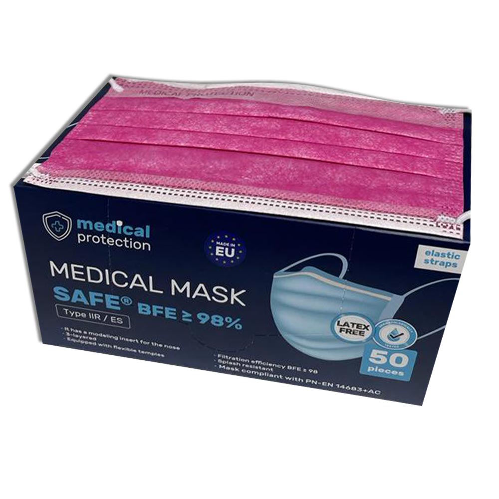 Mundschutz SAFE® von Medical Protection, pinke Masken aus der Packung sichtbar, 50 St.