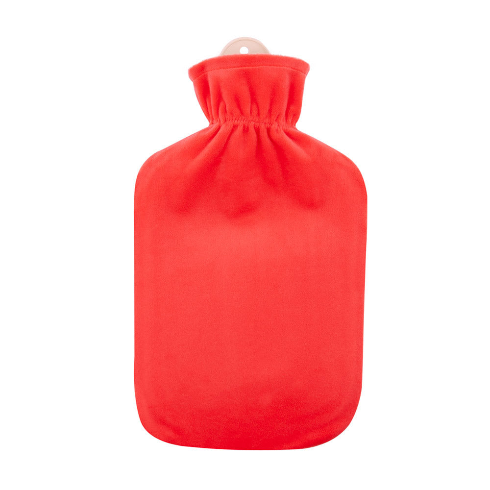 2‑Liter‑Wärmflasche in Koralle mit Flauschbezug und Schlaufe am Verschluss