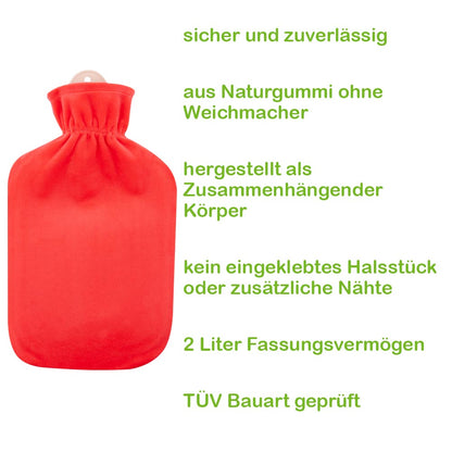 2‑Liter‑Wärmflasche in Koralle mit Flauschbezug und gerafftem Halsbund