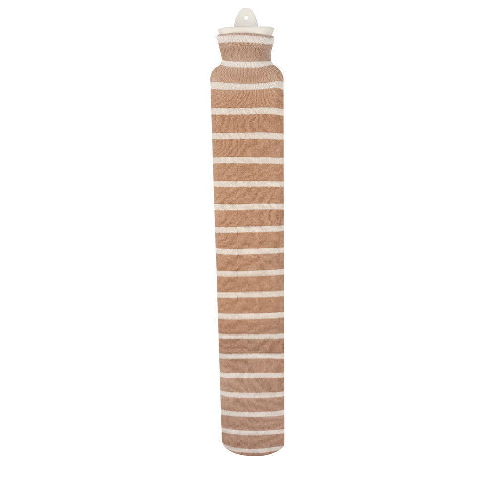 Wärmflasche mit Strickbezug, braun-weiß gestreift, mit Kappe