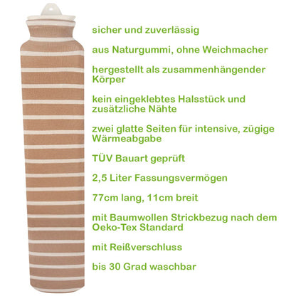 Wärmflasche mit Strickbezug, braun-weiß gestreift, Reißverschluss am Bezug