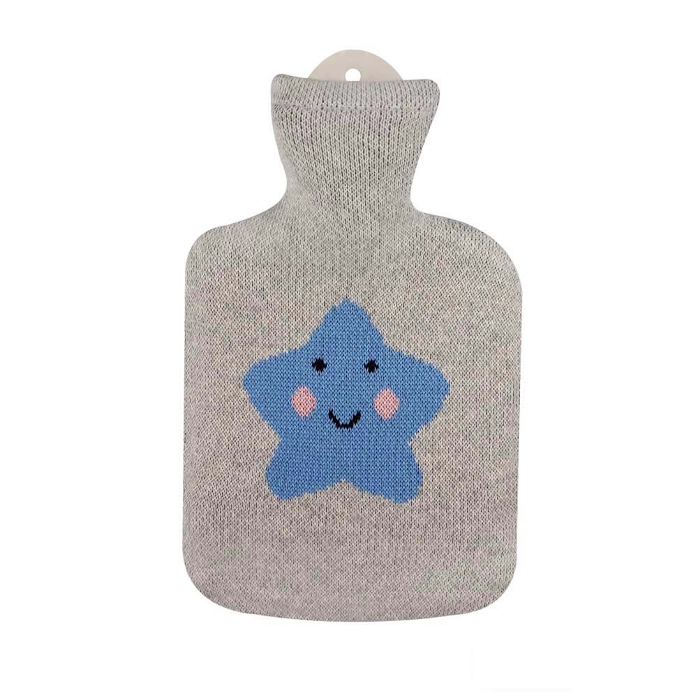 Sänger Wärmflasche 0,8 l mit grauem Strickbezug und blauem Stern-Motiv