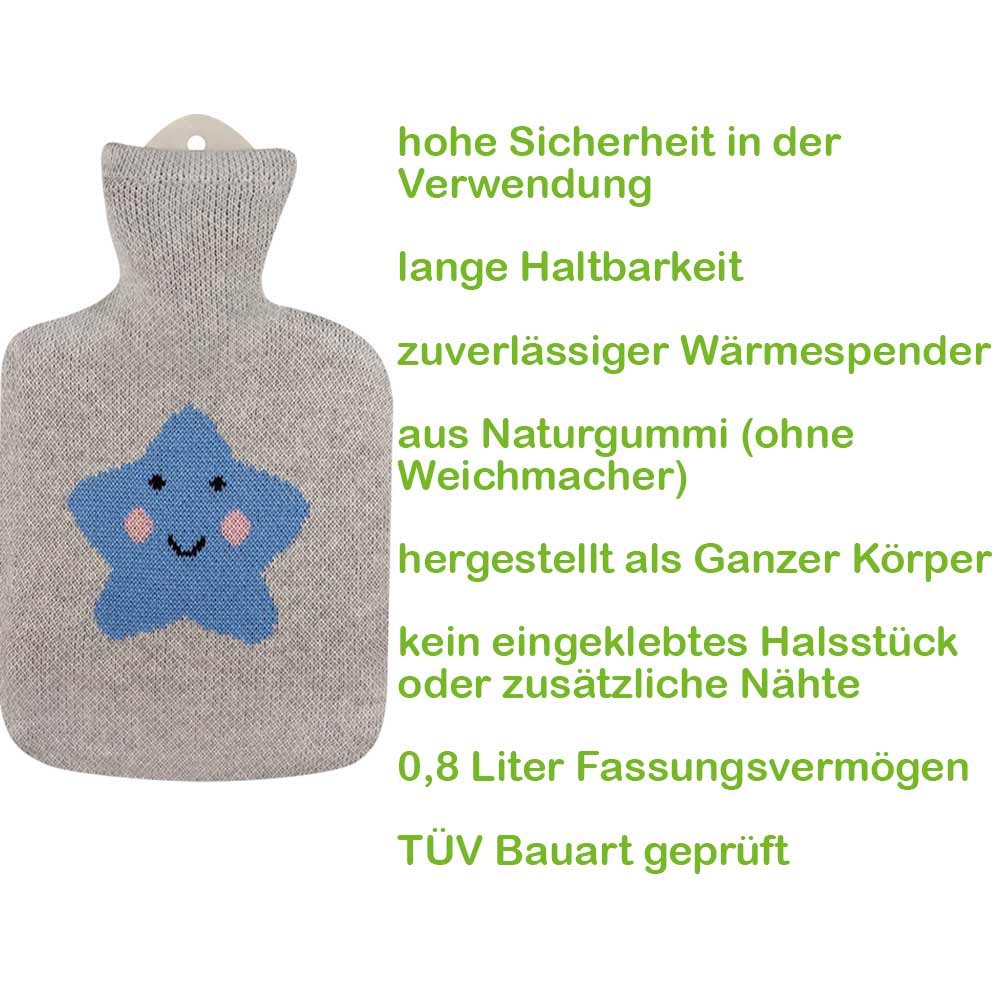 Sänger Wärmflasche 0,8 l im grauen Strickbezug mit blauem Stern-Motiv