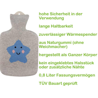 Sänger Wärmflasche 0,8 l im grauen Strickbezug mit blauem Stern-Motiv
