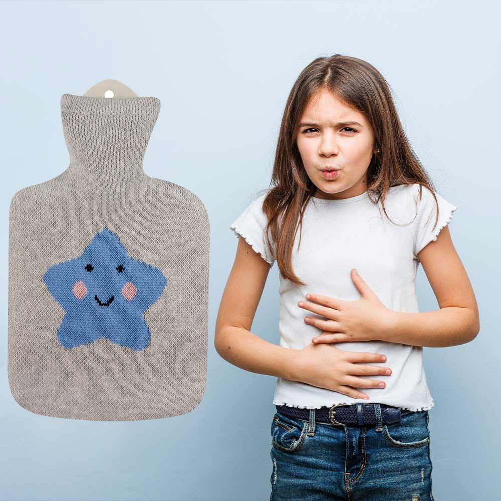 Sänger Wärmflasche 0,8 l mit grauem Strickbezug und blauem Stern-Motiv