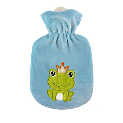 Wärmflasche mit Velourbezug in Hellblau mit Frosch-Motiv