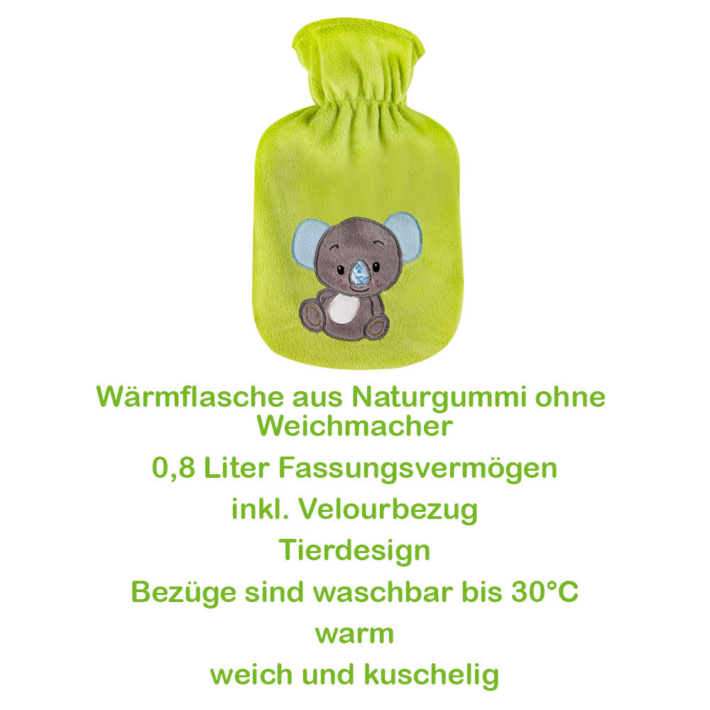 Wärmflasche mit Velourbezug in Grün mit Koala-Motiv