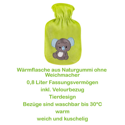 Wärmflasche mit Velourbezug in Grün mit Koala-Motiv