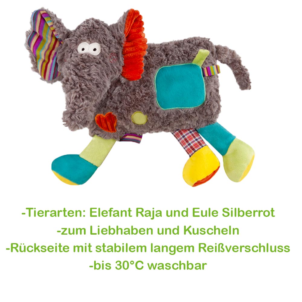 Elefant-Schmusetier aus grauem Plüsch mit türkisfarbenem Patch und gestreiftem Ohr