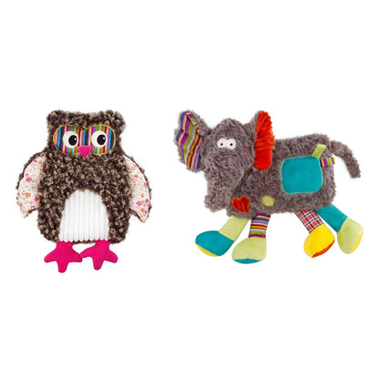 Schmusetier-Set: braune Eule und Elefant mit bunten Applikationen und Knopfaugen