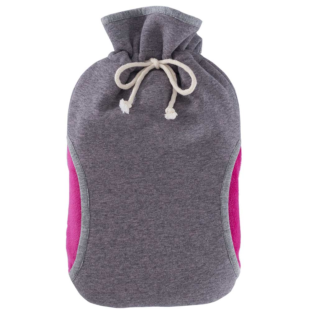 Öko-Wärmflasche 2,0 l mit Muff-Bezug, meliert grau mit pinken Seiten und Kordelzug