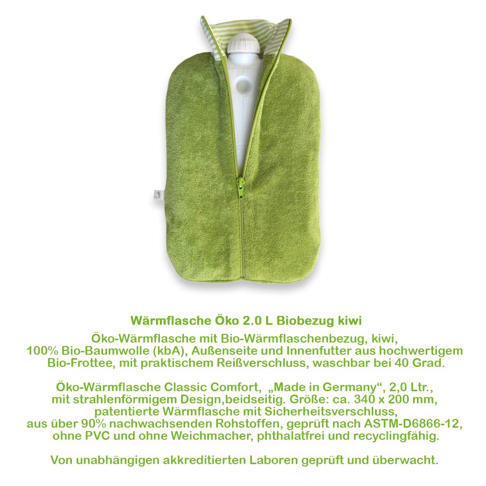 Öko-Wärmflasche mit grünem Biobezug und Reißverschluss, gestreifter Halsmanschette