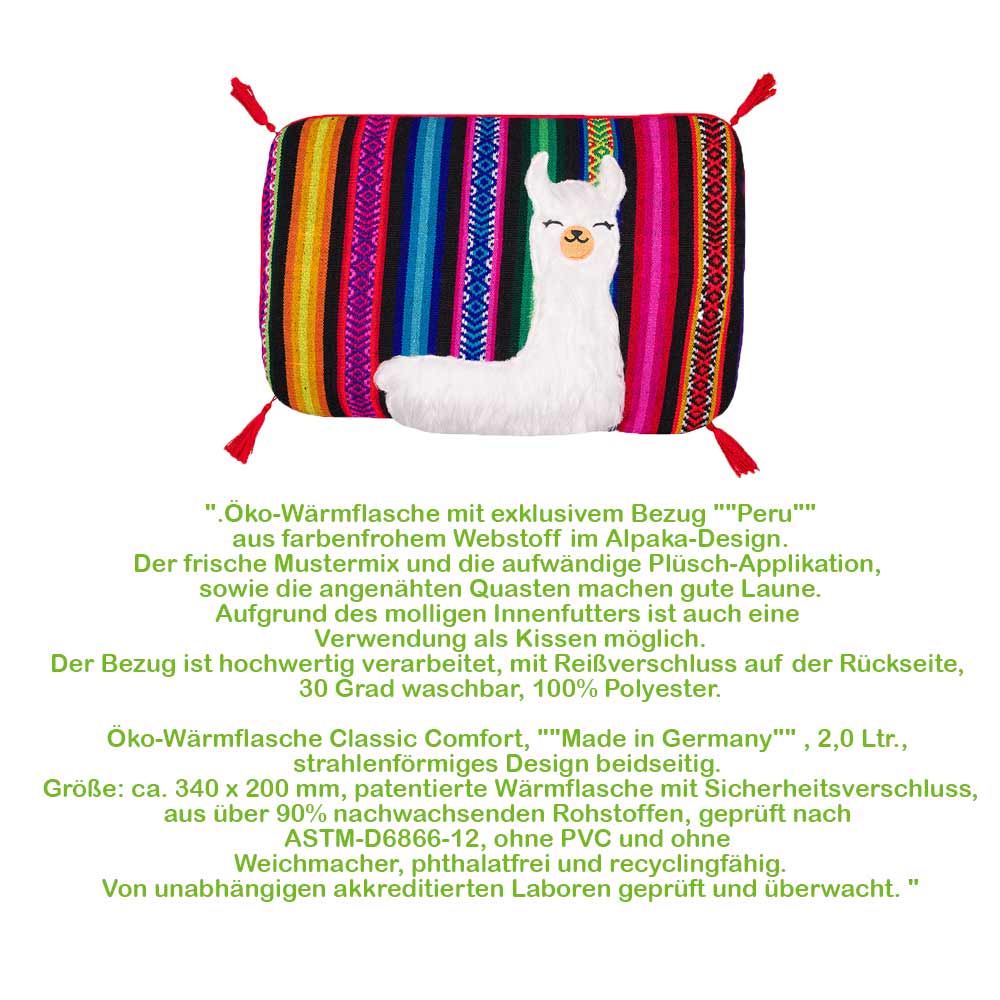 Wärmflasche mit gestreiftem Webstoffbezug und weißem Katzenmotiv, frontal mit Quasten