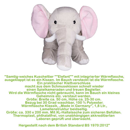 Kuschelkissen-Wärmflasche Elefant im Plüschlook mit großen rosa Ohren