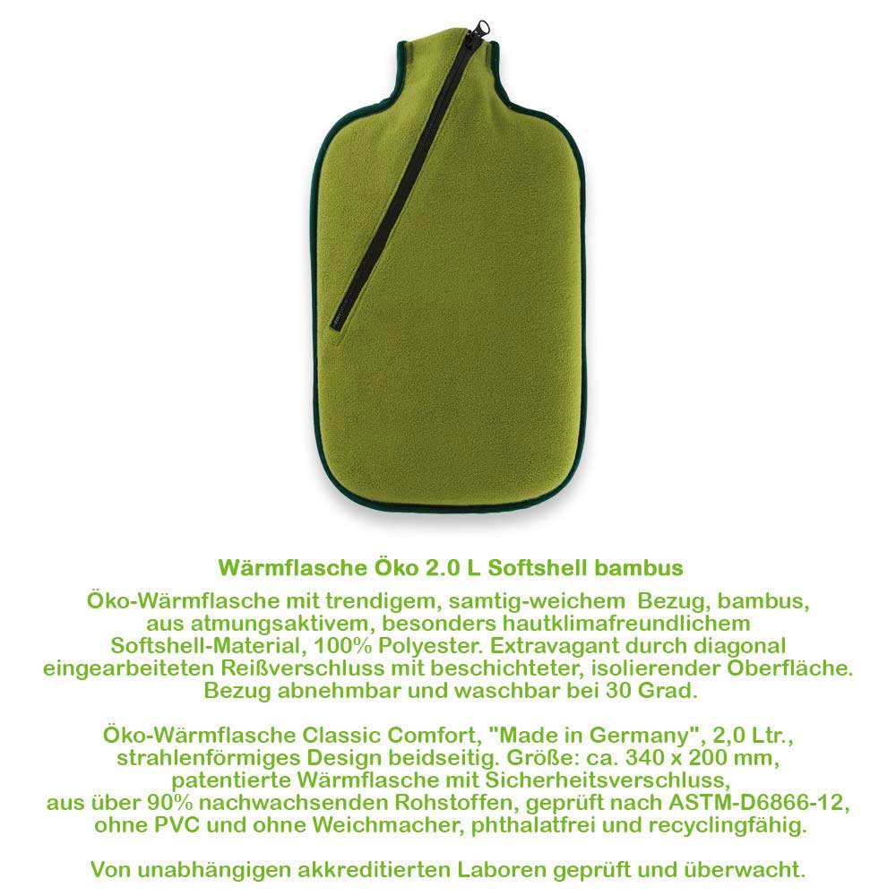 Wärmflasche 2‑Liter Softshell in Olivgrün mit Reißverschluss und Schlaufe