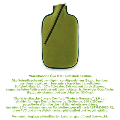 Wärmflasche 2‑Liter Softshell in Olivgrün mit Reißverschluss und Schlaufe