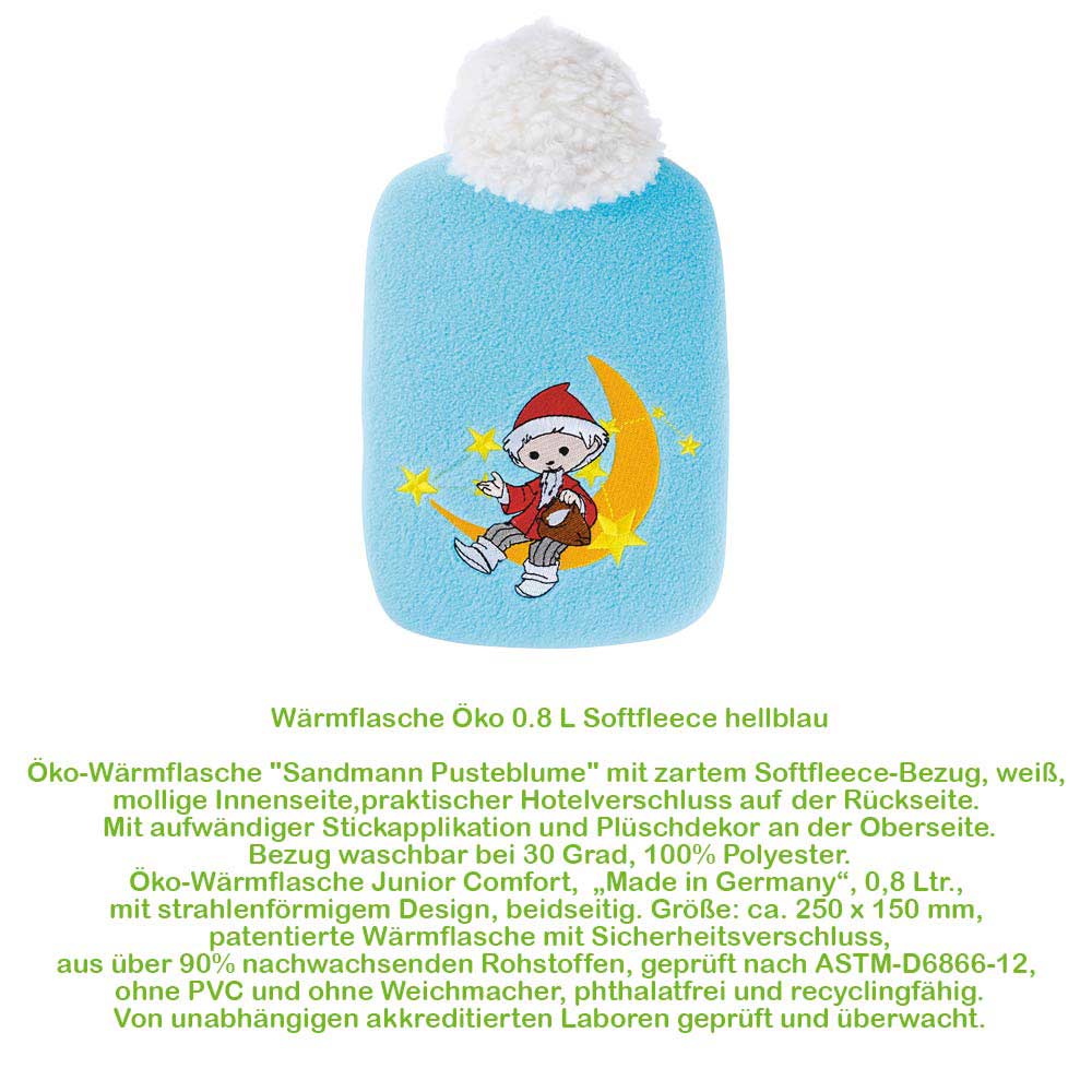 Wärmflasche mit Softfleece-Bezug hellblau, Sandmann auf Mond, weißes Plüschpolster