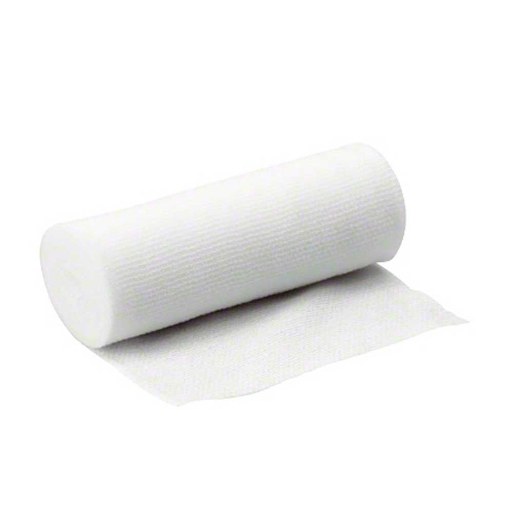Elastischer Fixierverband, weiß, gerolltes Band mit herausgezogenem Streifen