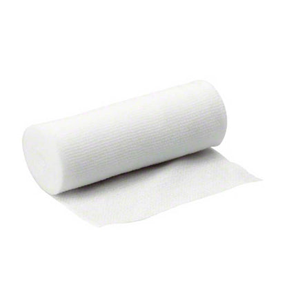 Elastischer Fixierverband, weiß, gerolltes Band mit herausgezogenem Streifen