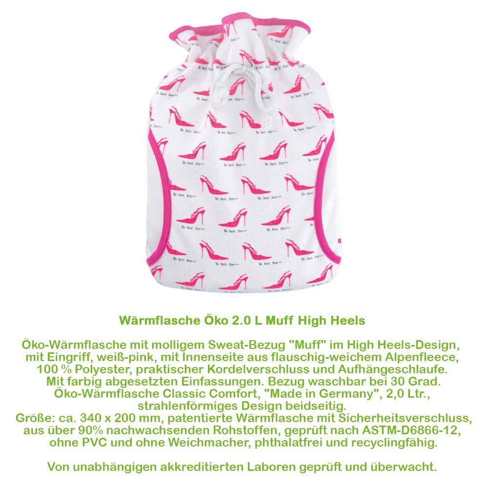 Öko-Wärmflasche 2,0 l mit Muff-Bezug, weiß mit pinkfarbenen High-Heels