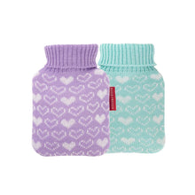 Mini-Wärmflasche mit Strickbezug, lila und mint, Herzmuster
