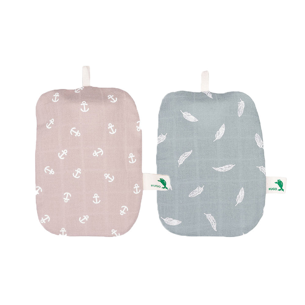 Mini-Wärmflasche: Baumwollbezüge, rosa Anker-Muster und grau Federn-Muster
