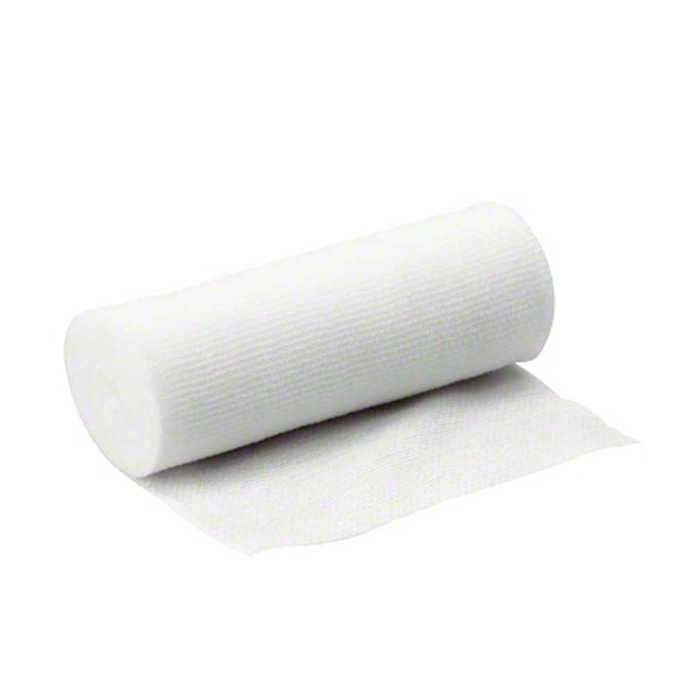 Elastischer Fixierverband als Rolle, weiß, mit ausgerolltem Verbandstreifen