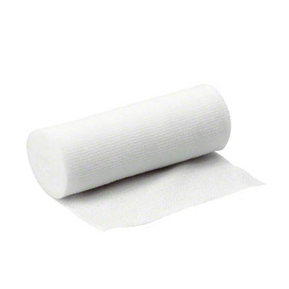 Elastischer Fixierverband als Rolle, weiß, mit ausgerolltem Verbandstreifen