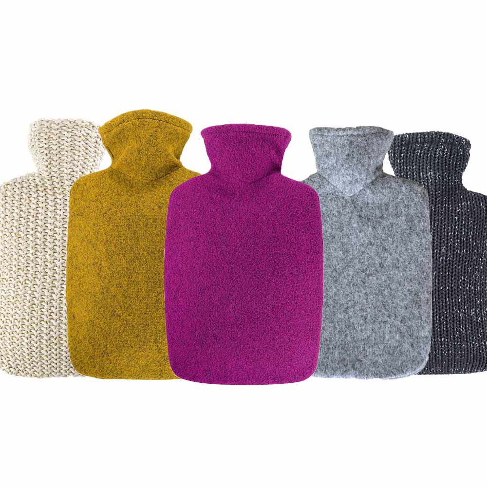 Wärmflaschen mit Strickbezug (Creme, Gelb, Fuchsia, Anthrazit) mit Lurex-Optik