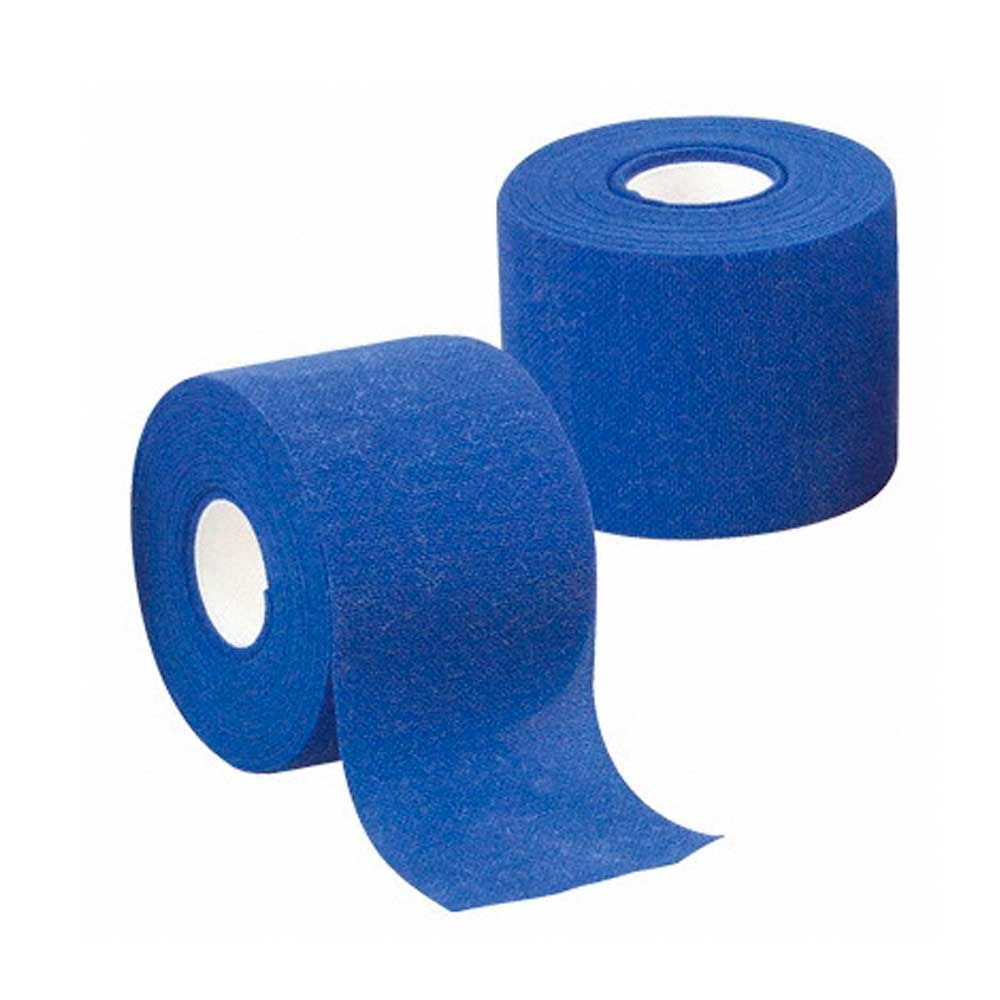 Kohäsive Fixierbinde aus Vlies, blaue Rolle mit abstehender Bandbahn