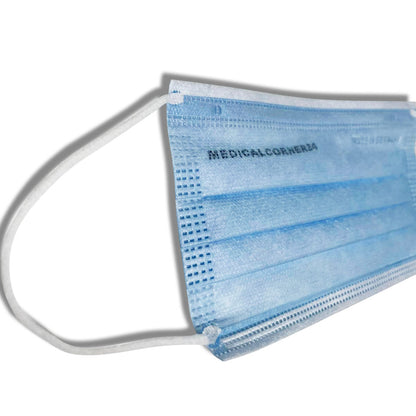 Blaue Einweg-Gesichtsmaske, gefaltet, mit Ohrschlaufe und Aufdruck