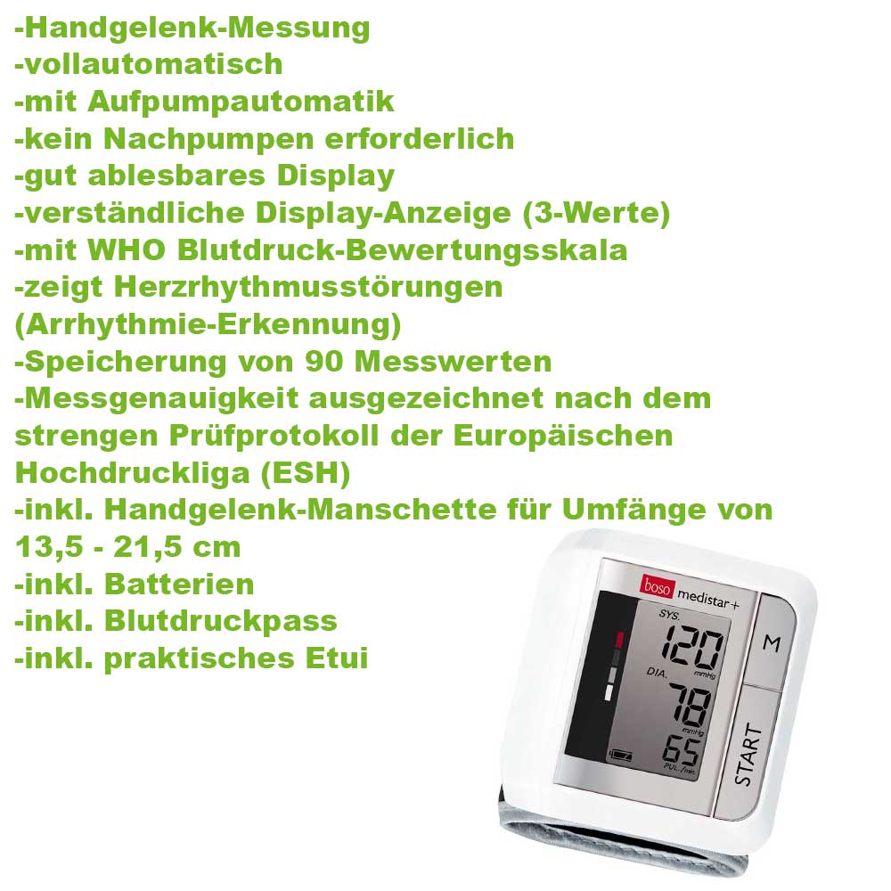 Handgelenk-Blutdruckmessgerät boso medistar+ mit Manschette, Vorderansicht