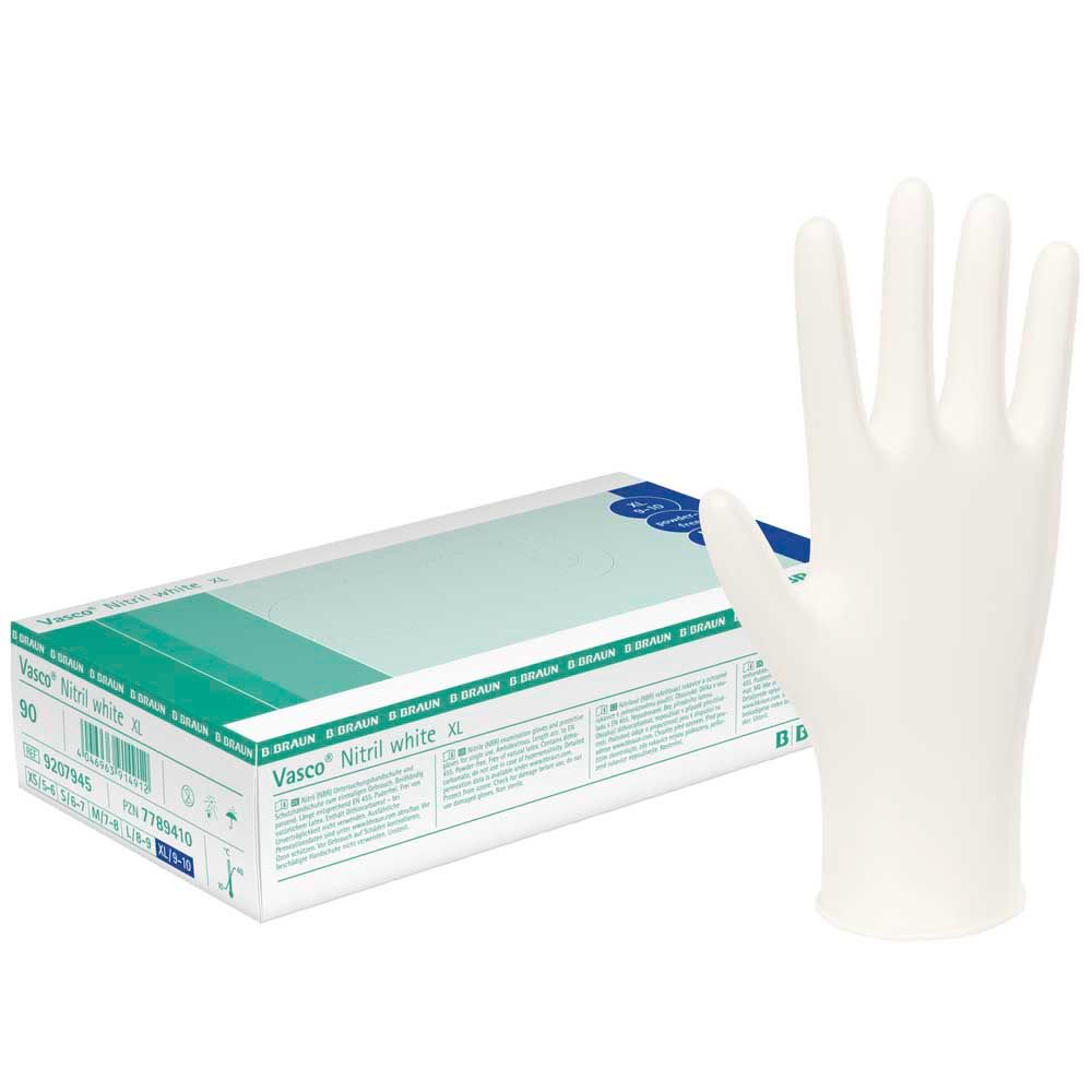 Nitrilhandschuhe Vasco® aus weißem Nitril, weißer Handschuh neben Verpackung