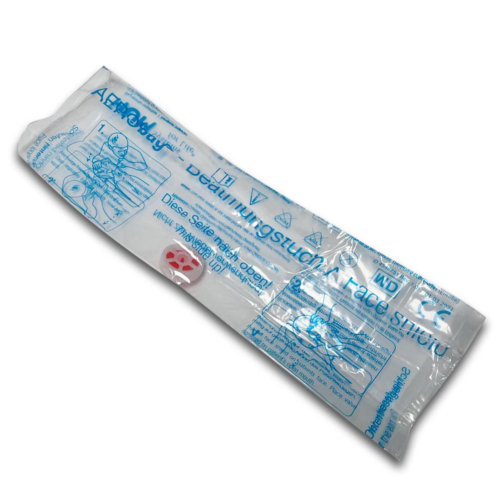 Einmal-Notfallbeatmungstuch in blauer Folienverpackung mit Aufdruck und Anleitung