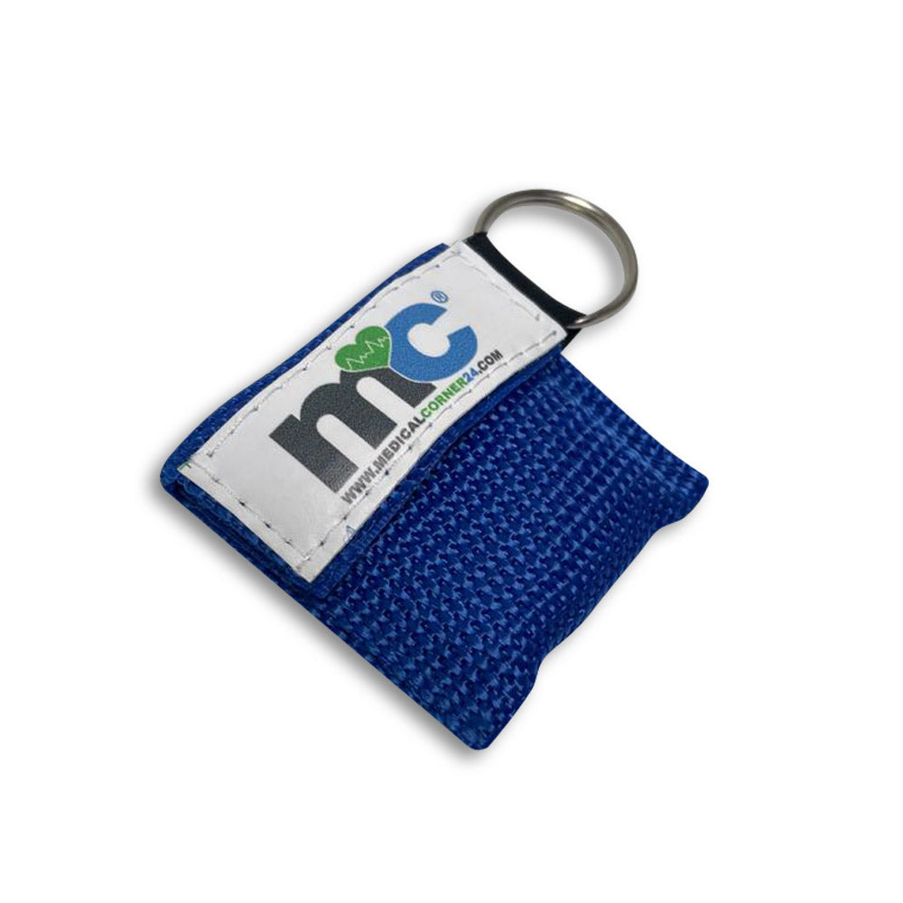 Blaues Softcase mit Schlüsselring, weißem Label und mcmc-Logo