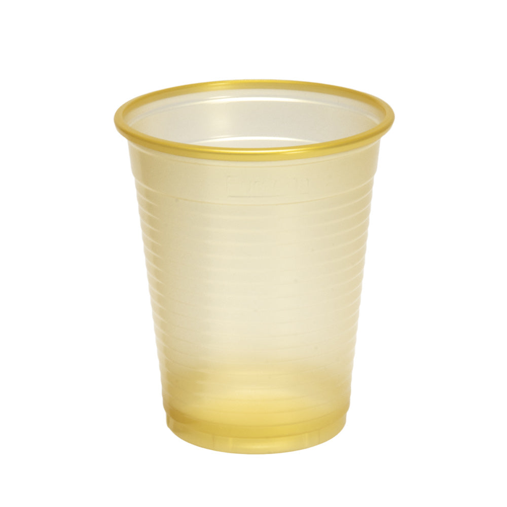 Einwegbecher aus Kunststoff, 180 ml, hellgelb, gerippt, mit breitem Rand.