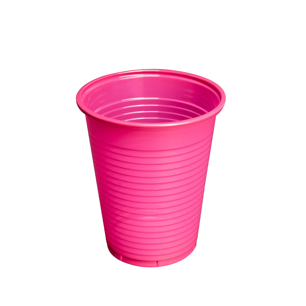Einwegbecher aus Kunststoff, 180 ml, pink, gerippt, mit breitem Rand.