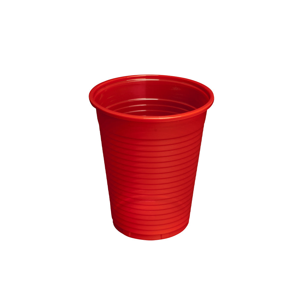 Einwegbecher aus Kunststoff, 180 ml, rot, gerippt, mit breitem Rand.
