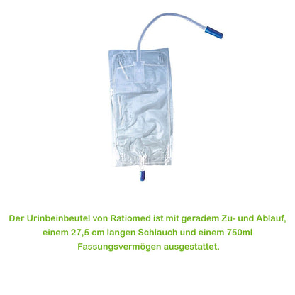 Urinbeinbeutel mit transparenter Kammer und blauem Schlauch
