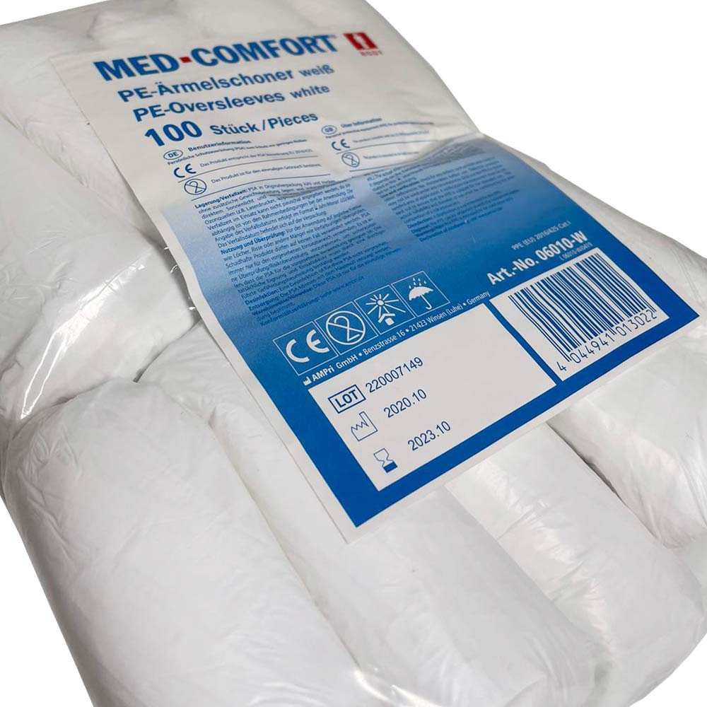 Packung MED COMFORT PE-Ärmelschoner weiß, 100 Stück, mit Produktetikett