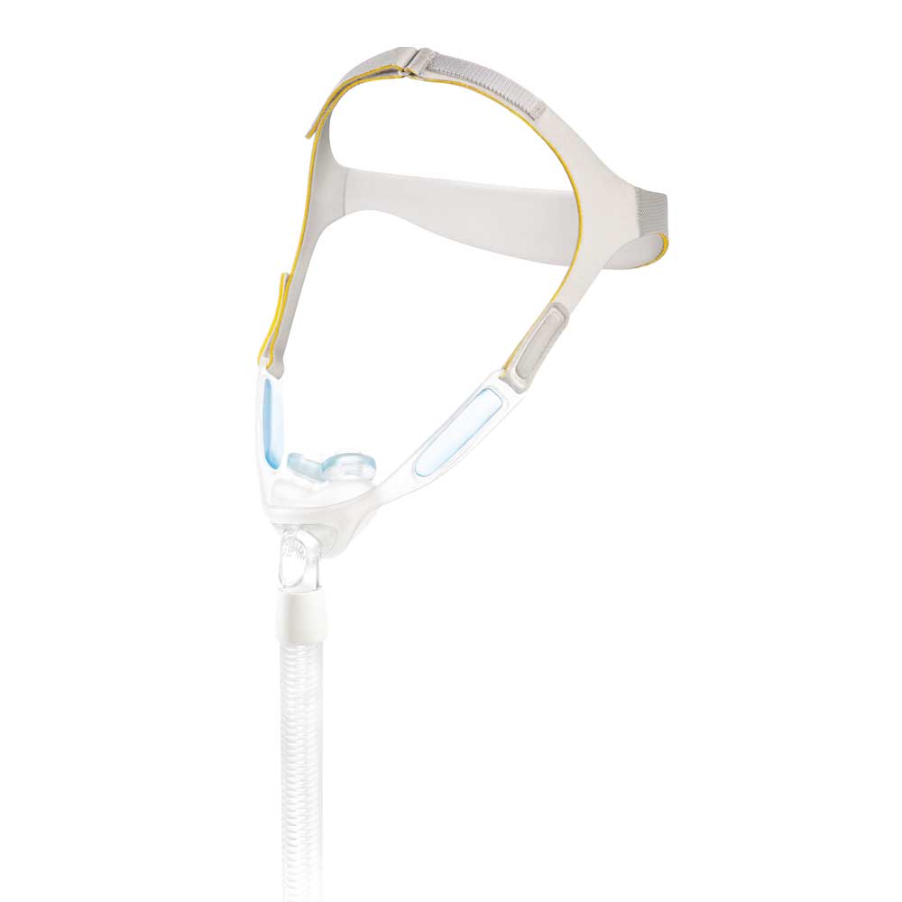 Philips Nuance CPAP-Nasenmaske mit Kopfbügel und Gelkissen, Schlauch nach unten