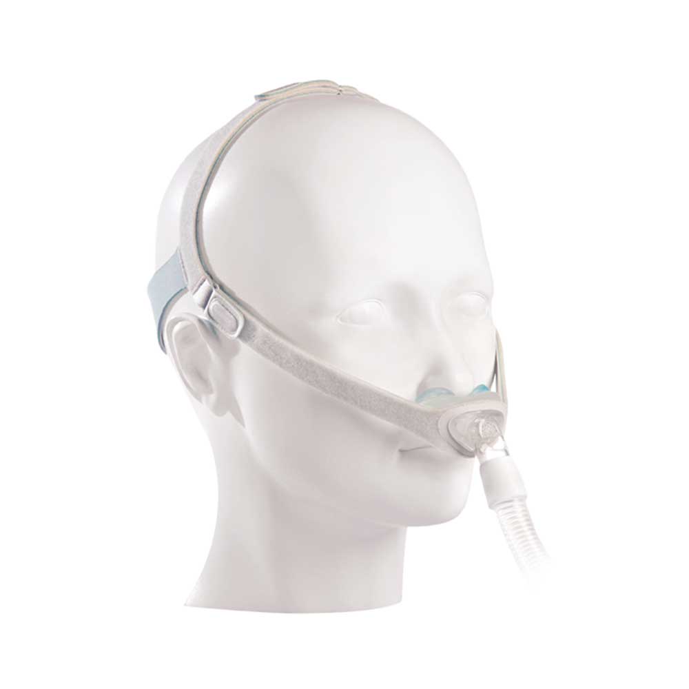 Philips Nuance CPAP-Nasenmaske im Seitenprofil mit Gelkissen und Schlauch