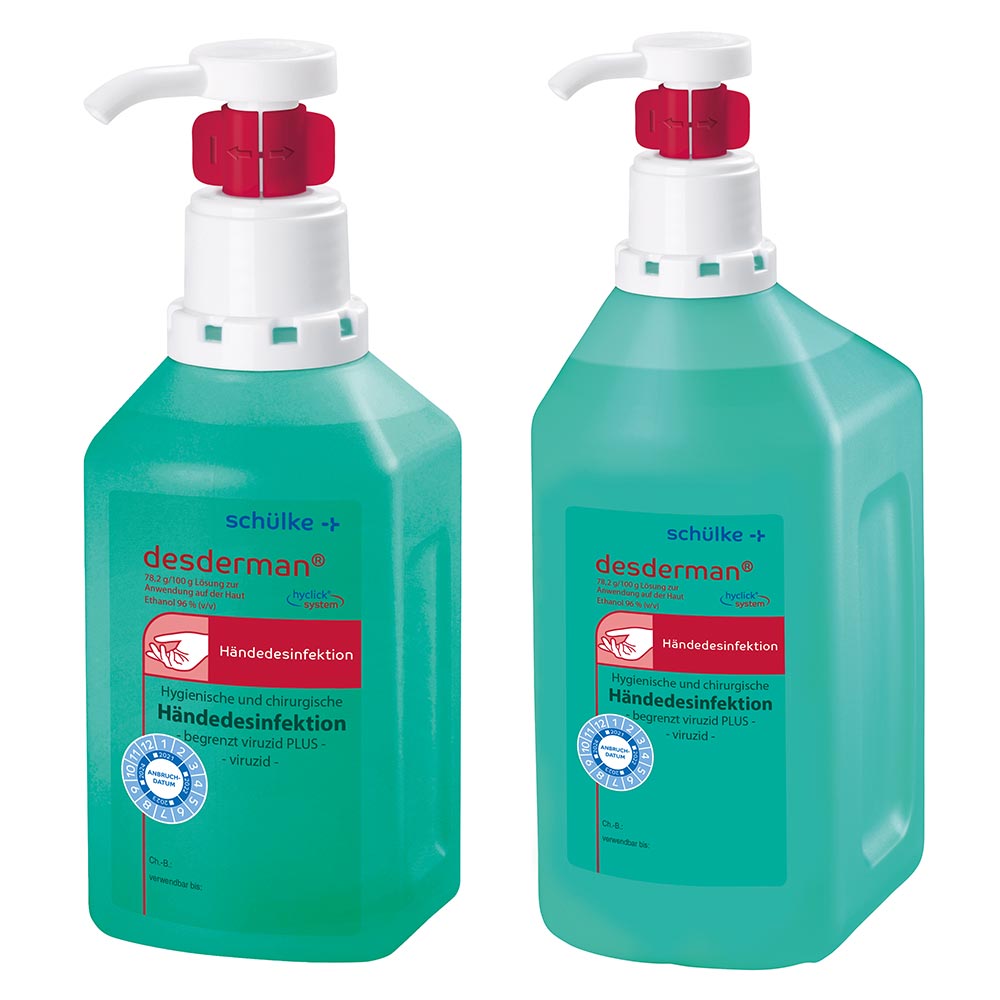 Schülke desderman® hyclick Händedesinfektionsmittel: grüne Flasche mit rotem Pumpkopf