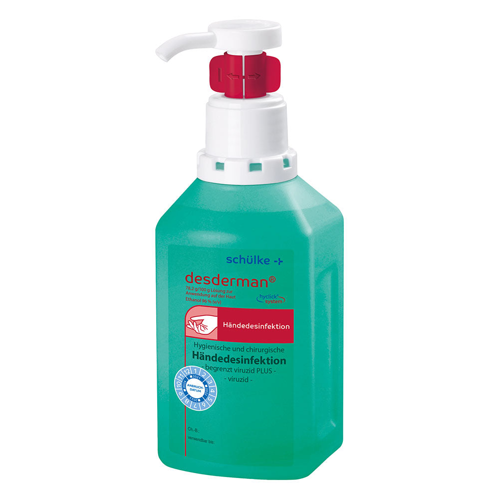 Schülke desderman® hyclick Händedesinfektionsmittel in grüner Flasche mit rotem Pumpkopf