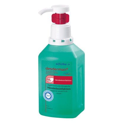 Schülke desderman® hyclick Händedesinfektionsmittel in grüner Flasche mit rotem Pumpkopf