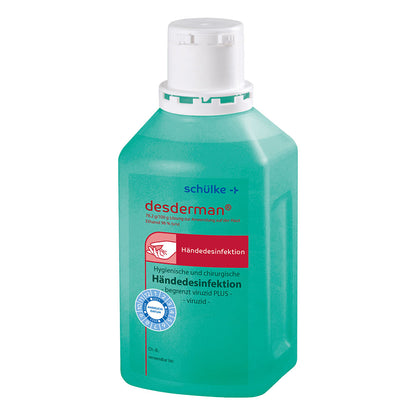 Händedesinfektionsmittel desderman von schülke, türkisfarbene Flasche mit Etikett und weißem Deckel