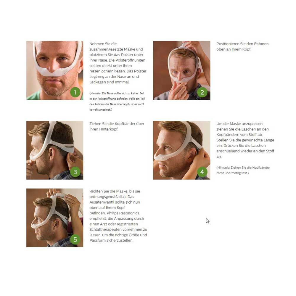 CPAP-Nasenmaske DreamWear zur Anpassung, am Gesicht mit Kopfband