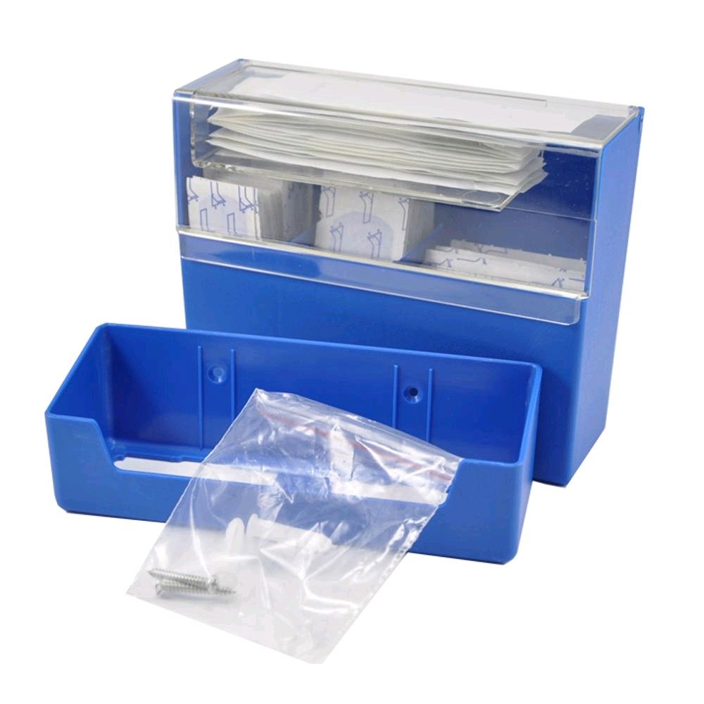 Blaue Pflasterbox mit durchsichtigem Deckel, gefüllt mit detektierbaren Pflastern