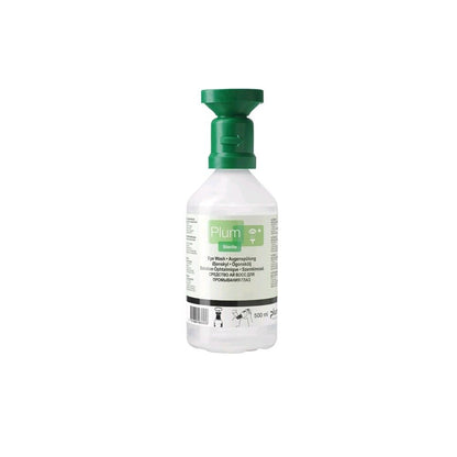 Augenspülflasche mit grüner Kappe, Etikett sichtbar, transparenter Flaschenkörper, 500 ml